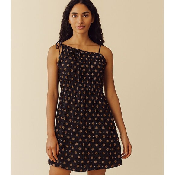 Free People All Mine Black One Shoulder‎ Smocked Mini Dress S Floral  Boho - Picture 1 of 9